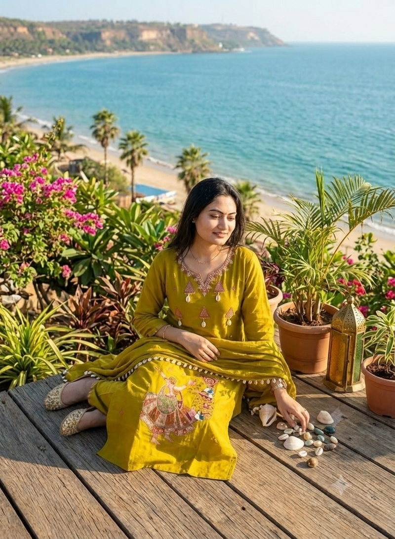 Beautiful jaipuri mustard yellow embroidered cotton-blend straight salwar suit set