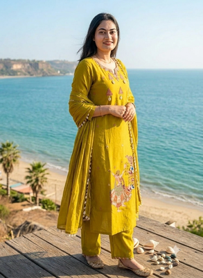Beautiful jaipuri mustard yellow embroidered cotton-blend straight salwar suit set 3