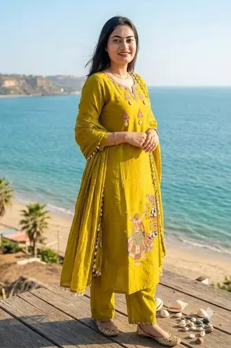 Beautiful jaipuri mustard yellow embroidered cotton-blend straight salwar suit set