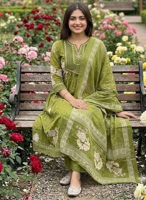 olive green embroidered sequence yoke work malmal cotton flared anarkali salwar kameez suit set 5