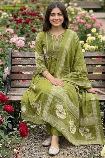 olive green embroidered sequence yoke work malmal cotton flared anarkali salwar kameez suit set
