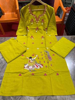 Beautiful jaipuri mustard yellow embroidered cotton-blend straight salwar suit set 4