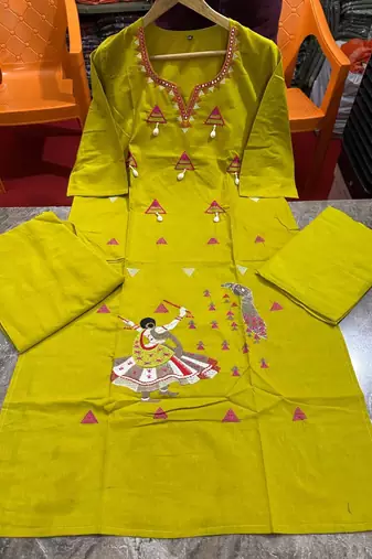 Beautiful jaipuri mustard yellow embroidered cotton-blend straight salwar suit set