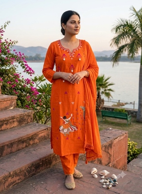 orange traditional motif hand embroidered cotton straight kurta pant suit set with dupatta 1