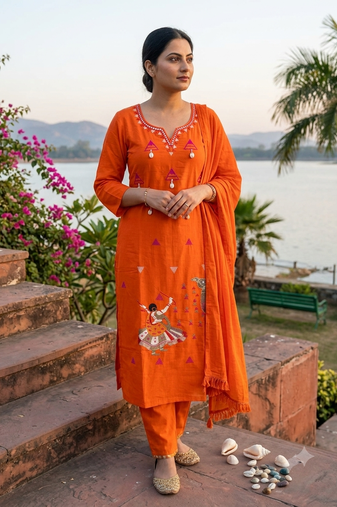 orange traditional motif hand embroidered cotton straight kurta pant suit set with dupatta