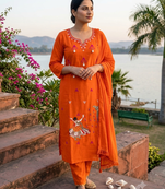 orange traditional motif hand embroidered cotton straight kurta pant suit set with dupatta