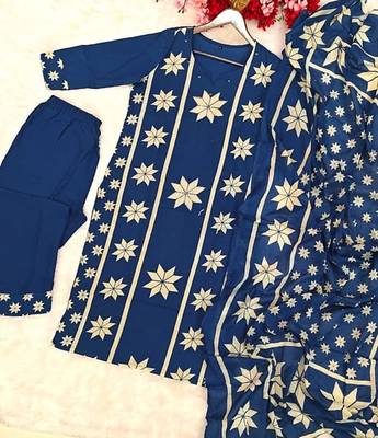 indigo blue thread-embroidered cotton straight kurta palazzo set with dupatta 5