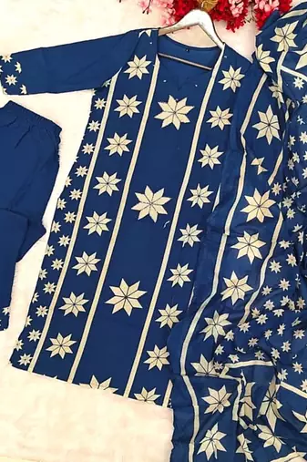 indigo blue thread-embroidered cotton straight kurta palazzo set with dupatta