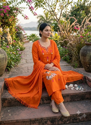 orange traditional motif hand embroidered cotton straight kurta pant suit set with dupatta 2