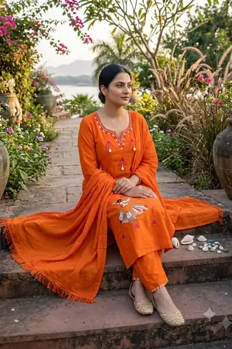 orange traditional motif hand embroidered cotton straight kurta pant suit set with dupatta
