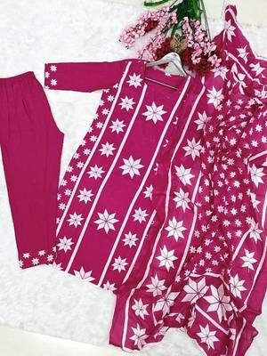 pink white floral block printed cotton straight kurta palazzo set with dupatta 5