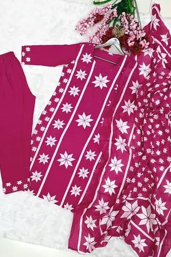 pink white floral block printed cotton straight kurta palazzo set with dupatta