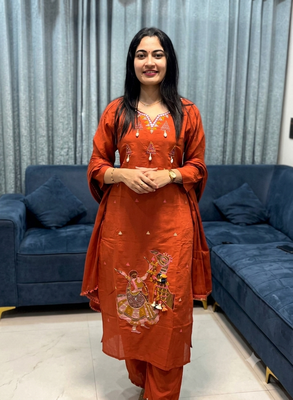 orange traditional motif hand embroidered cotton straight kurta pant suit set with dupatta 3