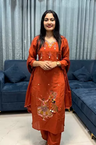 orange traditional motif hand embroidered cotton straight kurta pant suit set with dupatta
