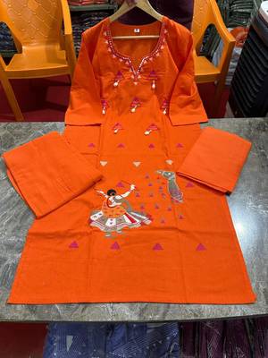 orange traditional motif hand embroidered cotton straight kurta pant suit set with dupatta 4