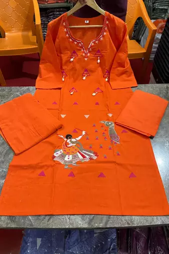 orange traditional motif hand embroidered cotton straight kurta pant suit set with dupatta