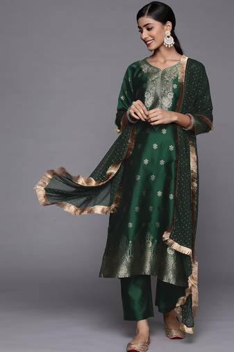 Women Green Kurta with Trousers & With Dupatta