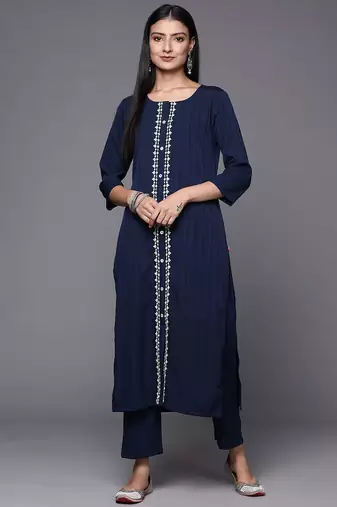 Women Navy Blue Ethnic Motifs Embroidered Panelled Thread Work Kurta with Trousers