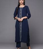 Women Navy Blue Ethnic Motifs Embroidered Panelled Thread Work Kurta with Trousers
