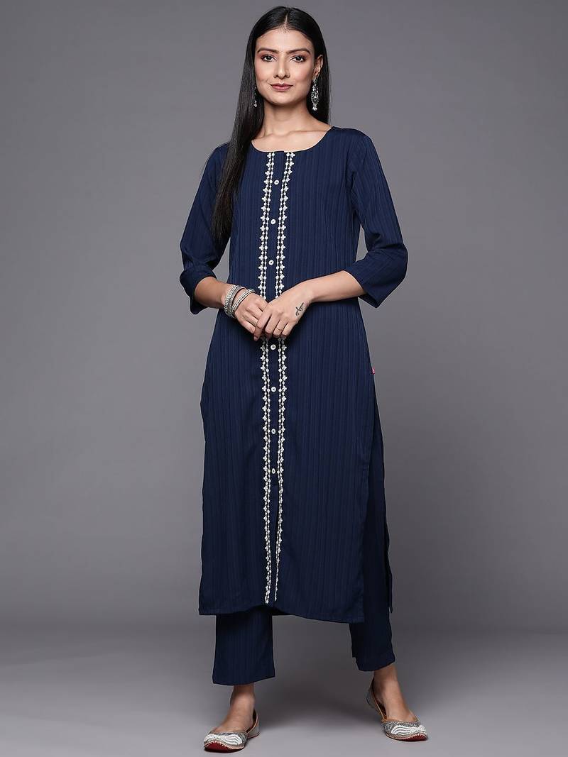 Women Navy Blue Ethnic Motifs Embroidered Panelled Thread Work Kurta with Trousers