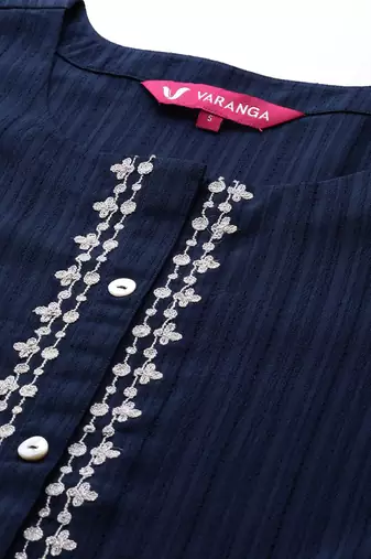 Women Navy Blue Ethnic Motifs Embroidered Panelled Thread Work Kurta with Trousers