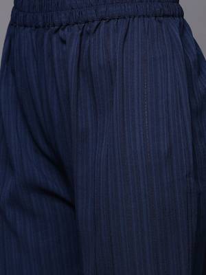Women Navy Blue Ethnic Motifs Embroidered Panelled Thread Work Kurta with Trousers 3