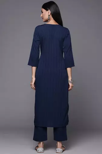 Women Navy Blue Ethnic Motifs Embroidered Panelled Thread Work Kurta with Trousers