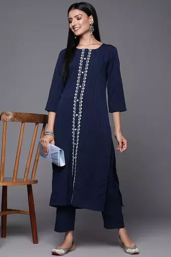 Women Navy Blue Ethnic Motifs Embroidered Panelled Thread Work Kurta with Trousers