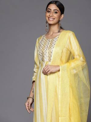 Women Yellow Striped Sequinned Kurta with Trousers & With Dupatta 1