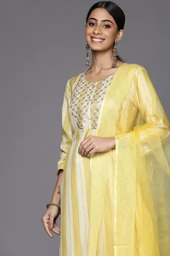 Women Yellow Striped Sequinned Kurta with Trousers & With Dupatta