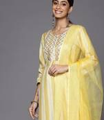 Women Yellow Striped Sequinned Kurta with Trousers & With Dupatta