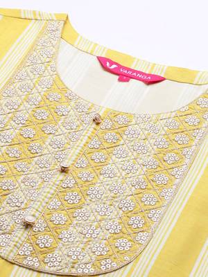 Women Yellow Striped Sequinned Kurta with Trousers & With Dupatta 2