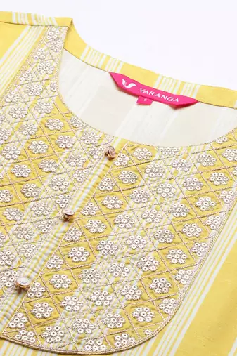 Women Yellow Striped Sequinned Kurta with Trousers & With Dupatta