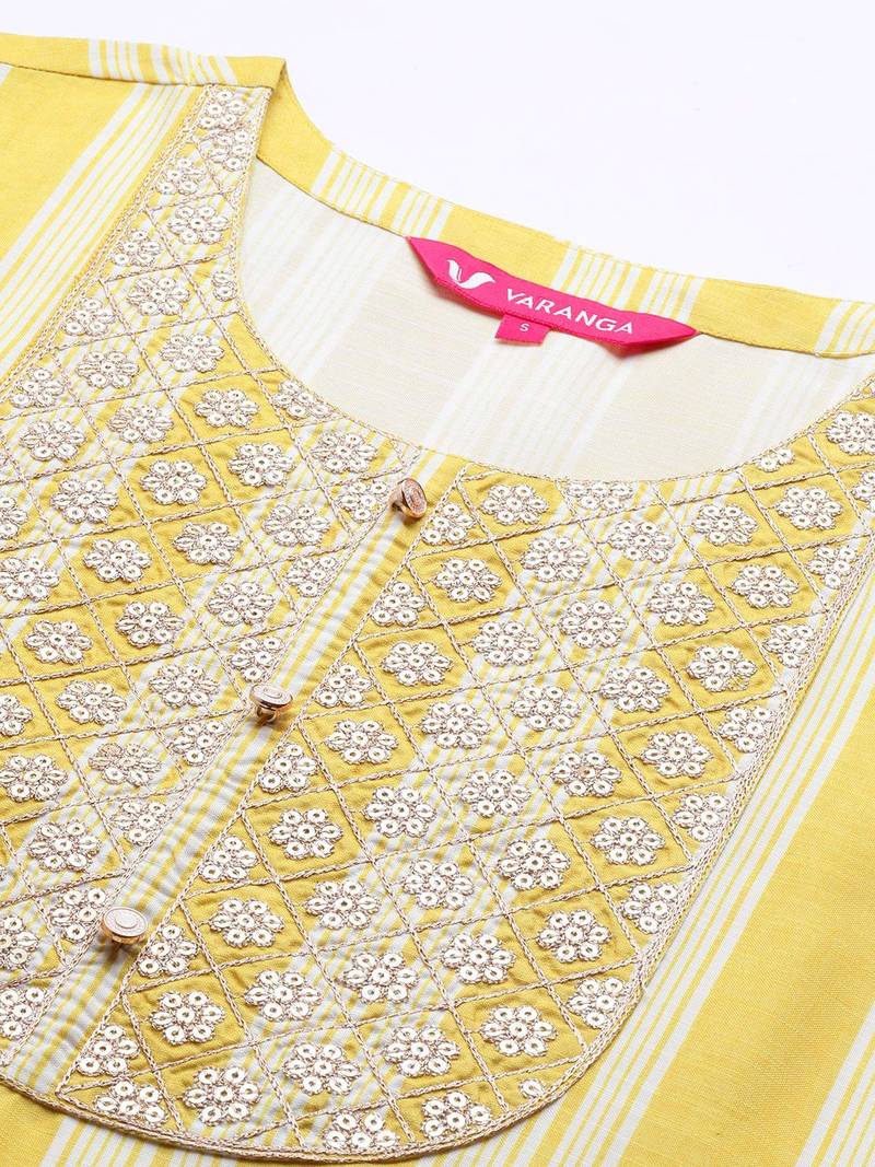 Women Yellow Striped Sequinned Kurta with Trousers & With Dupatta