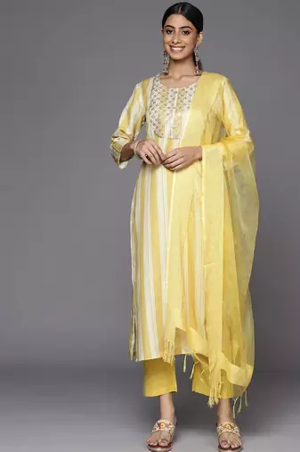 Women Yellow Striped Sequinned Kurta with Trousers & With Dupatta