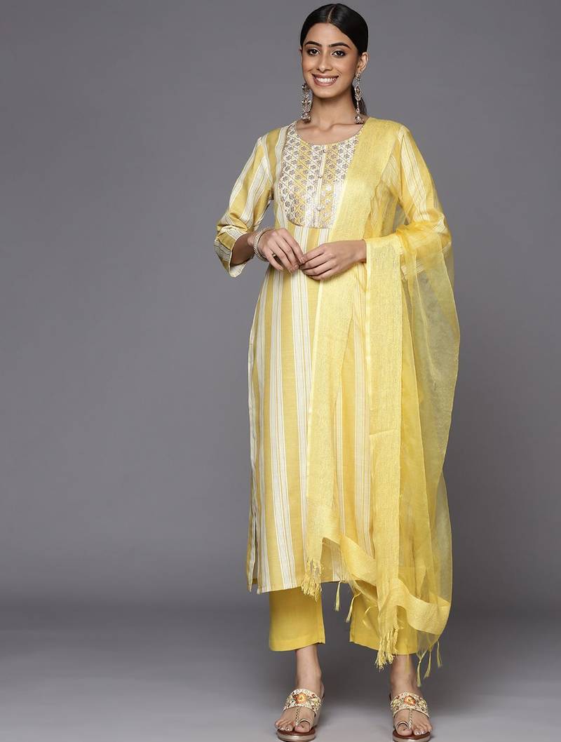 Women Yellow Striped Sequinned Kurta with Trousers & With Dupatta