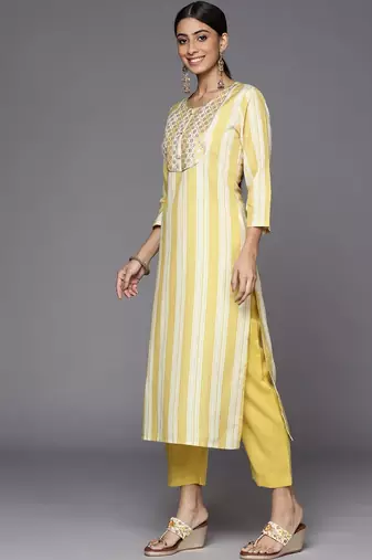 Women Yellow Striped Sequinned Kurta with Trousers & With Dupatta
