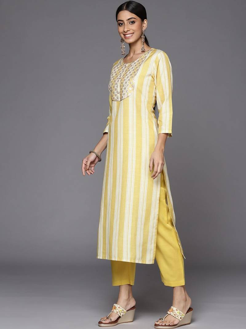Women Yellow Striped Sequinned Kurta with Trousers & With Dupatta