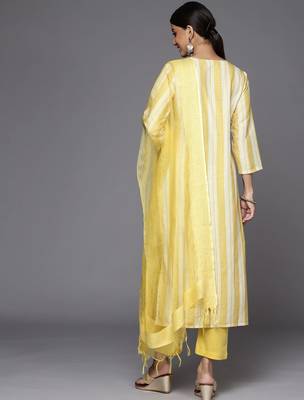 Women Yellow Striped Sequinned Kurta with Trousers & With Dupatta 7