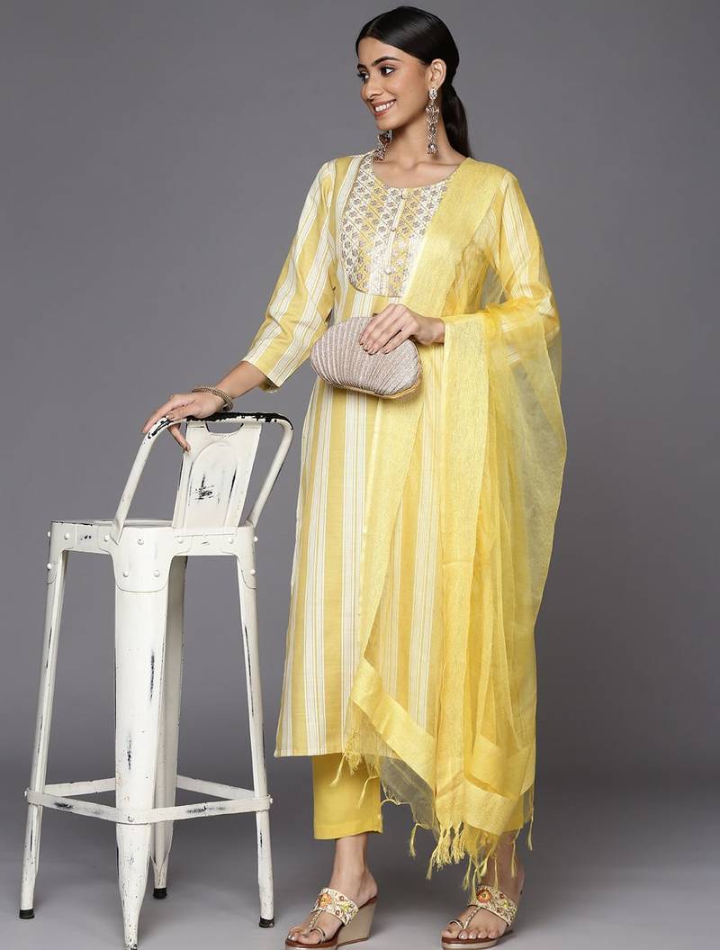 Women Yellow Striped Sequinned Kurta with Trousers & With Dupatta