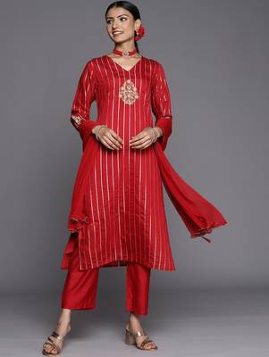 Women Red Floral Embroidered Kurta with Trousers & With Dupatta 1