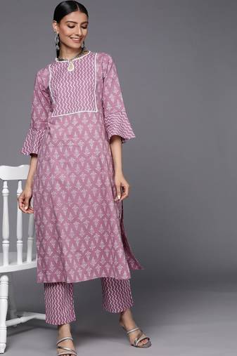 Women Mauve Pure Cotton Ethnic Motifs Printed Kurta with Trousers