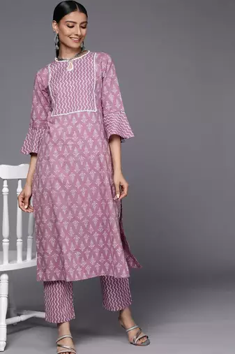 Women Mauve Pure Cotton Ethnic Motifs Printed Kurta with Trousers