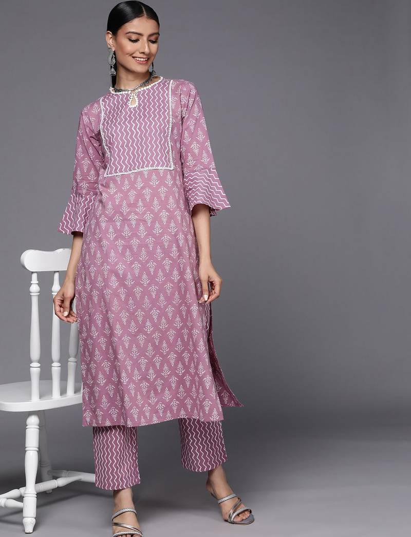 Women Mauve Pure Cotton Ethnic Motifs Printed Kurta with Trousers
