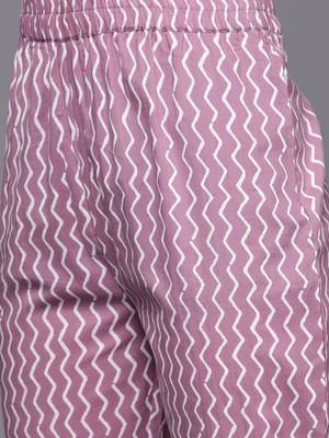 Women Mauve Pure Cotton Ethnic Motifs Printed Kurta with Trousers 3