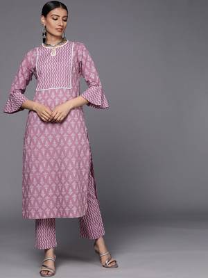 Women Mauve Pure Cotton Ethnic Motifs Printed Kurta with Trousers 4