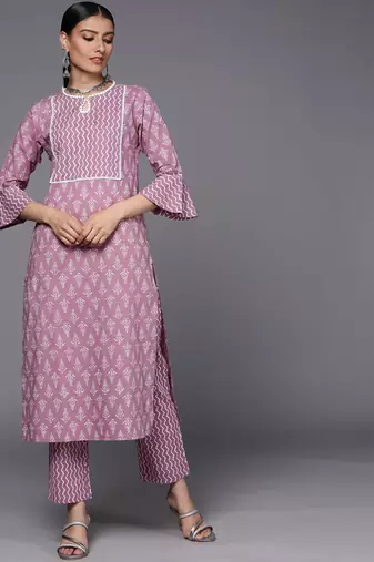 Women Mauve Pure Cotton Ethnic Motifs Printed Kurta with Trousers