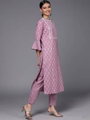 Women Mauve Pure Cotton Ethnic Motifs Printed Kurta with Trousers 5