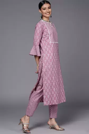 Women Mauve Pure Cotton Ethnic Motifs Printed Kurta with Trousers