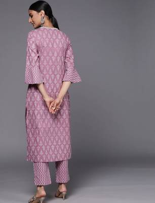 Women Mauve Pure Cotton Ethnic Motifs Printed Kurta with Trousers 6